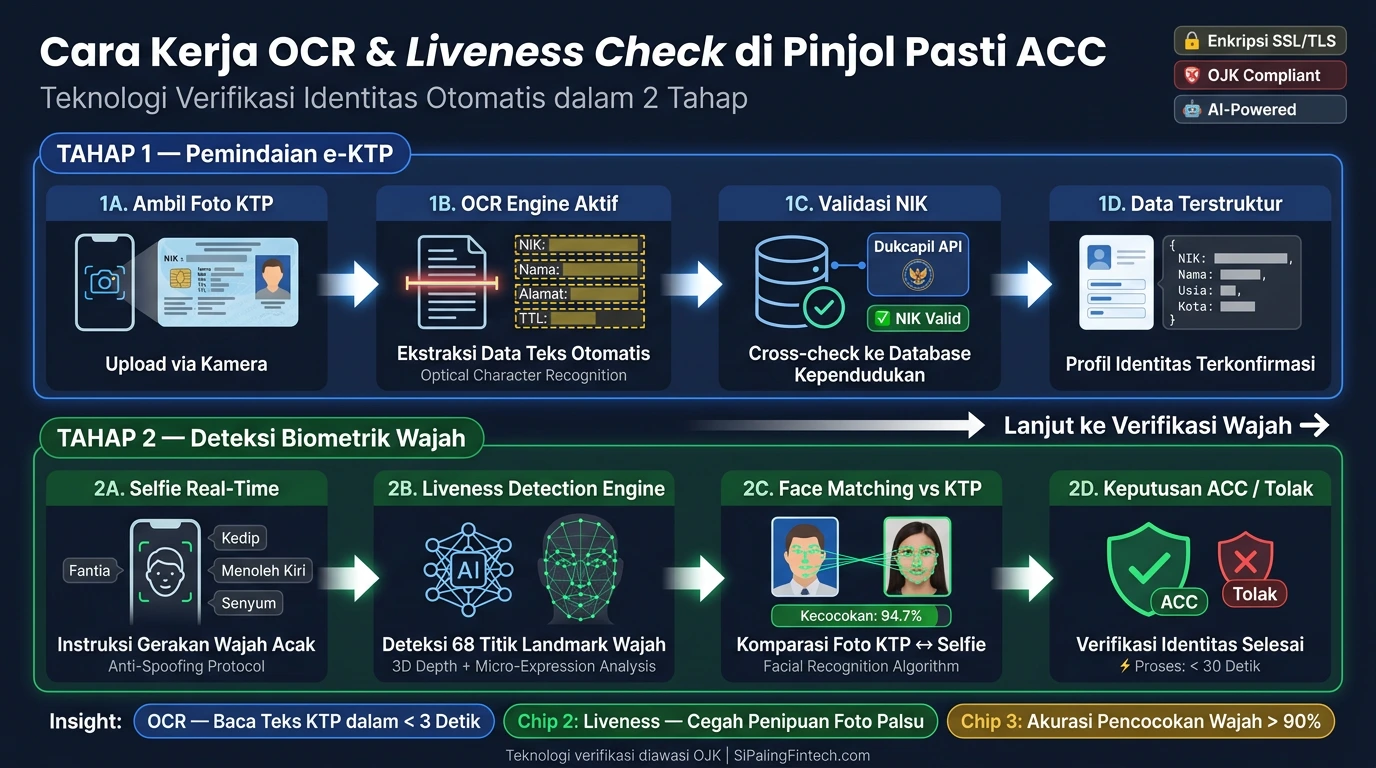 Diagram cara kerja algoritma mesin pinjol memindai KTP dan wajah biometrik untuk persetujuan otomatis.