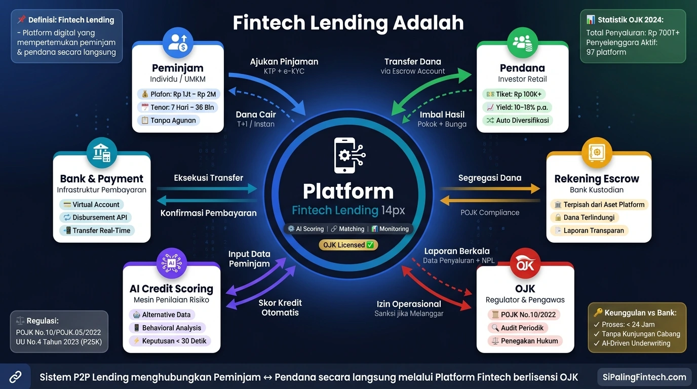 Diagram cara kerja sistem P2P lending dan ekosistem fintech