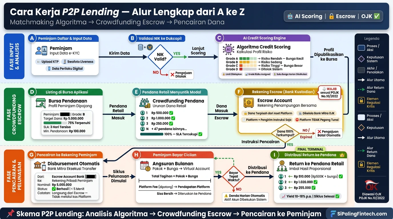 Diagram cara kerja sistem pinjaman online P2P lending bagi pemula