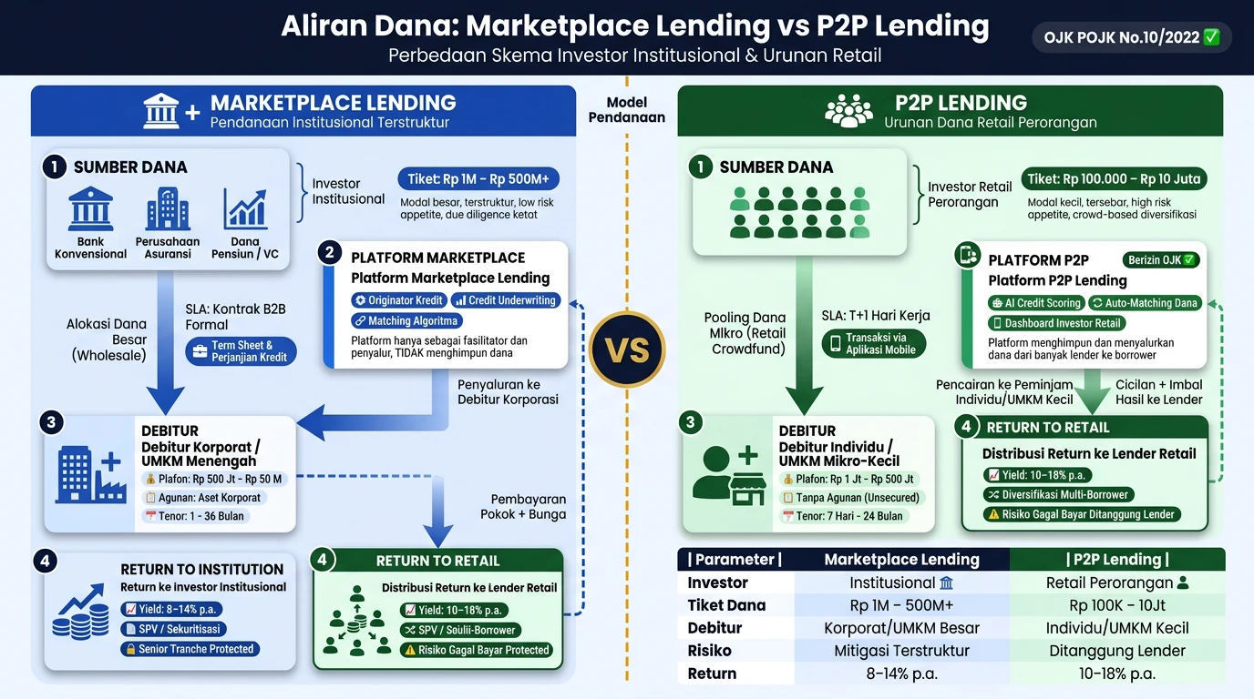 Diagram perbedaan aliran dana marketplace lending dan P2P lending