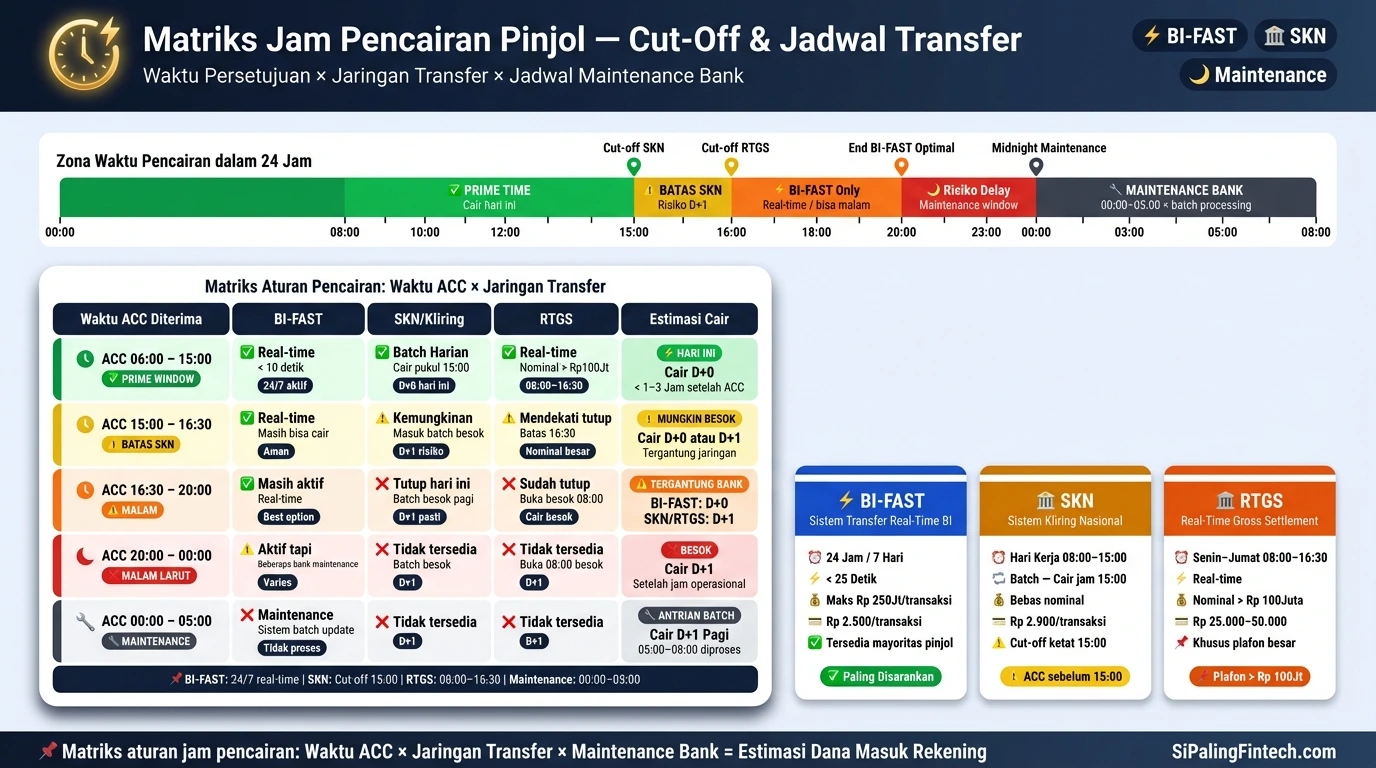 Tabel jadwal jam operasional dan batas waktu cut-off transfer pencairan dana pinjaman online ke rekening bank.