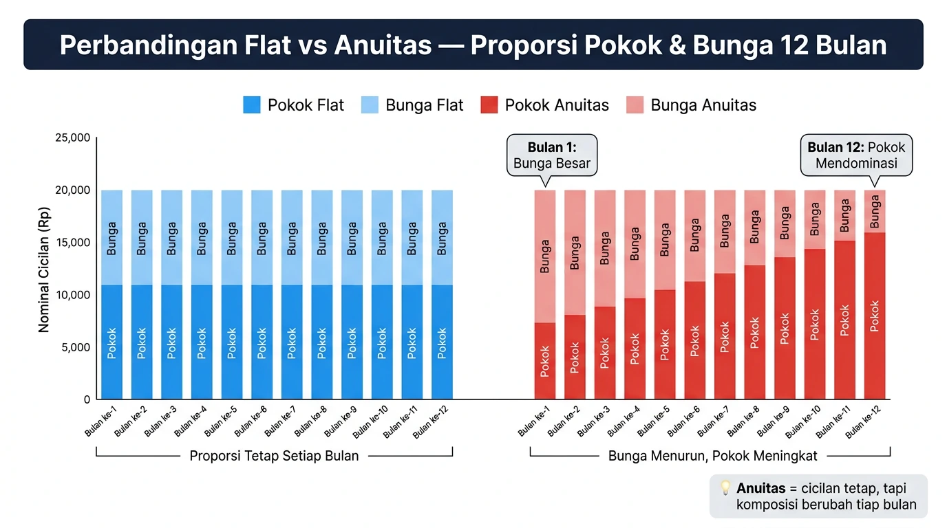 Perbandingan grafik simulasi perhitungan suku bunga pinjaman bank online anuitas dan flat.