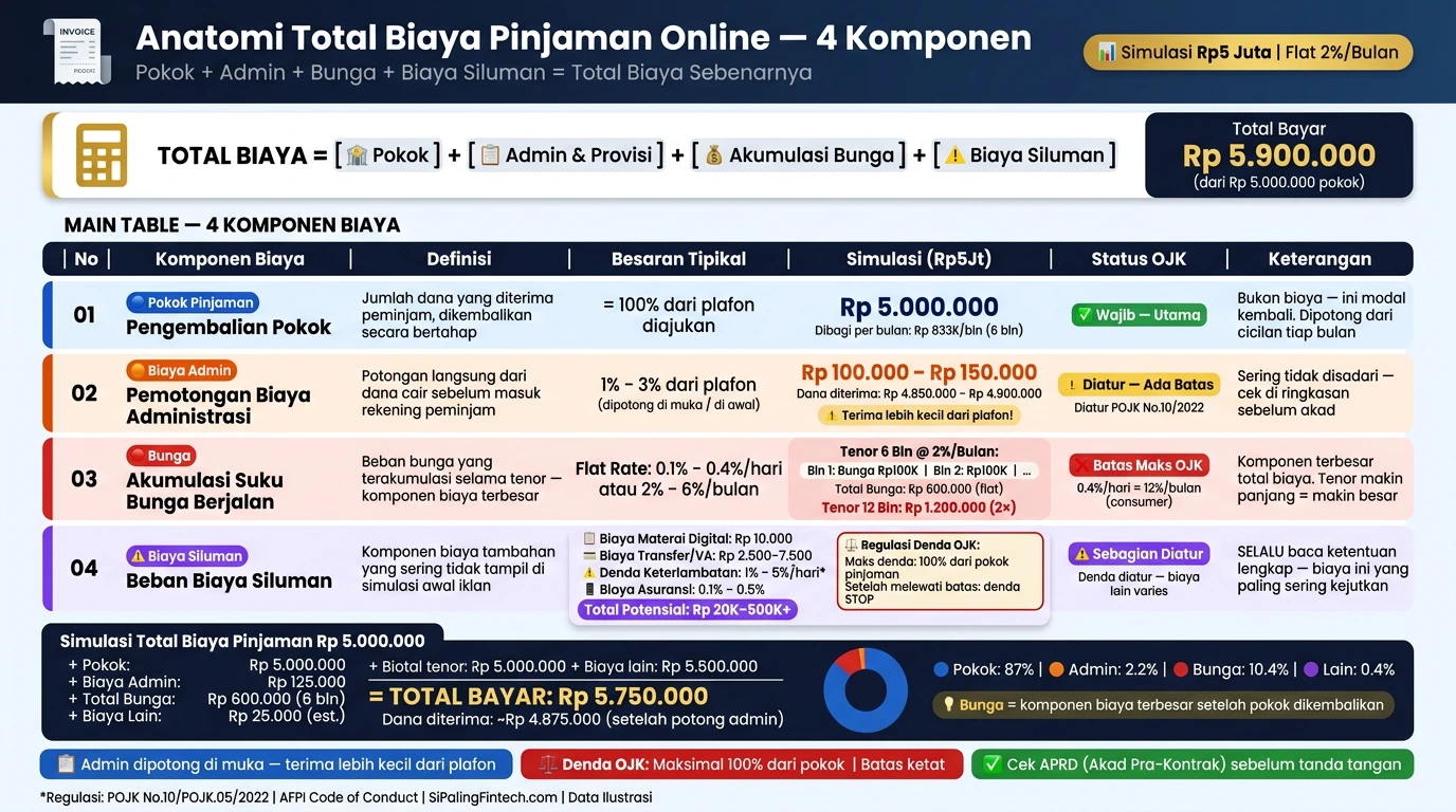 Tabel cara menghitung simulasi total biaya pinjaman online beserta potongan admin dan regulasi denda OJK.