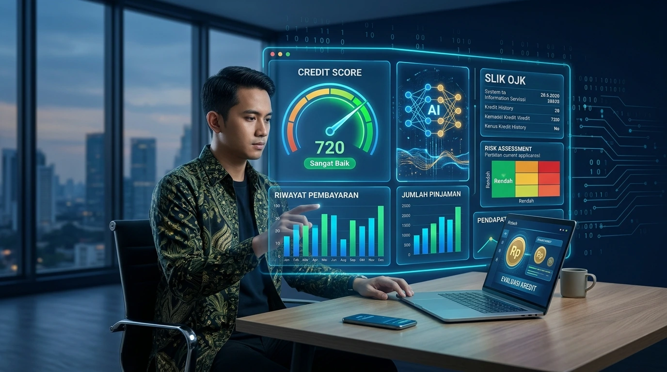 Ilustrasi algoritma credit scoring berbasis AI untuk evaluasi kelayakan pinjaman online dengan data SLIK OJK