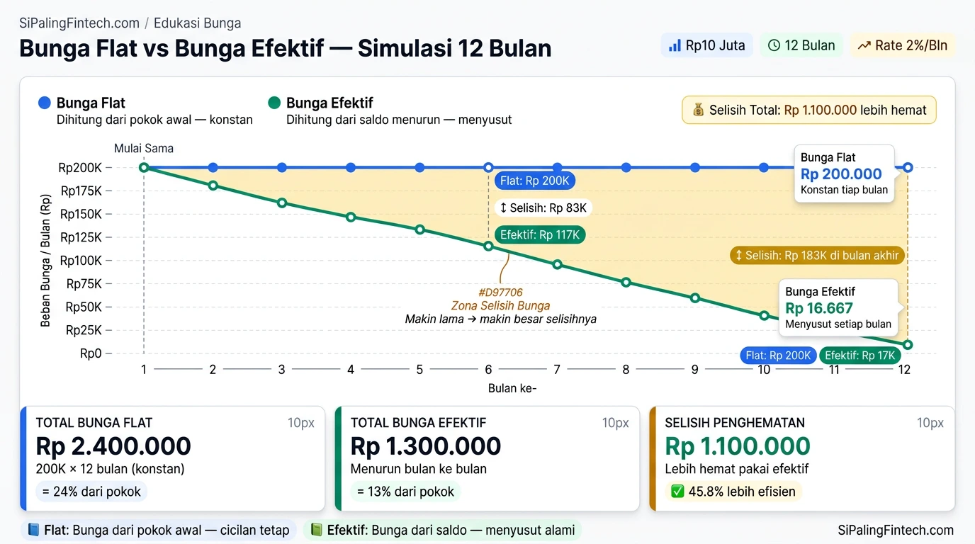 Grafik perbandingan simulasi cara hitung bunga flat dan bunga efektif pada pinjaman online.