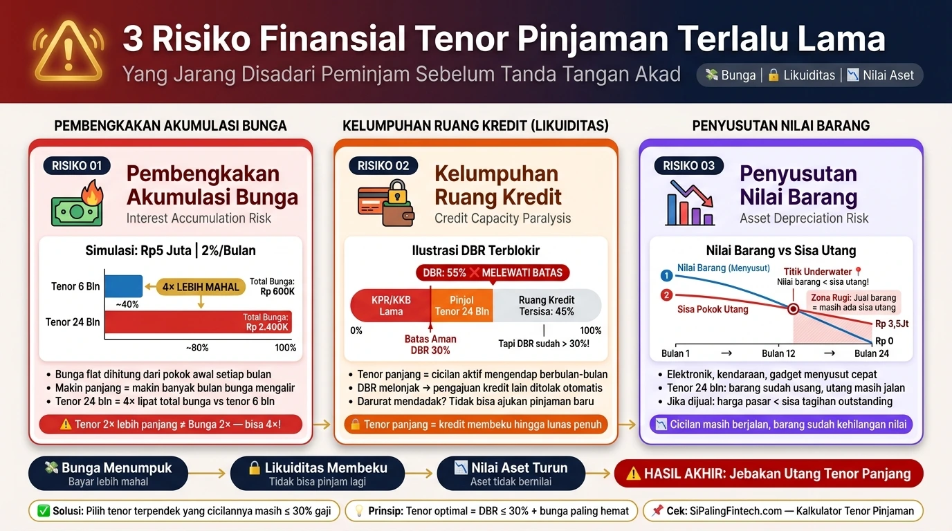 Infografik daftar kerugian dan risiko mengambil jangka waktu cicilan pinjaman online terlalu panjang