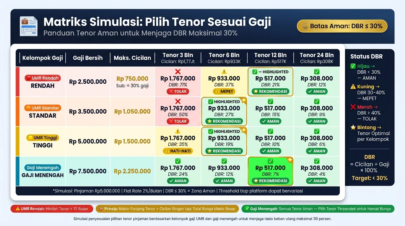 Tabel panduan cara memilih tenor cicilan pinjaman online sesuai dengan kapasitas gaji bulanan.