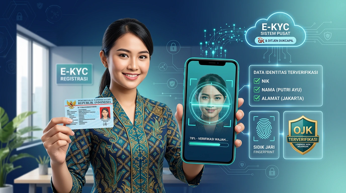 Proses verifikasi E-KYC menggunakan KTP dan biometrik wajah untuk registrasi pinjaman online legal berlisensi OJK