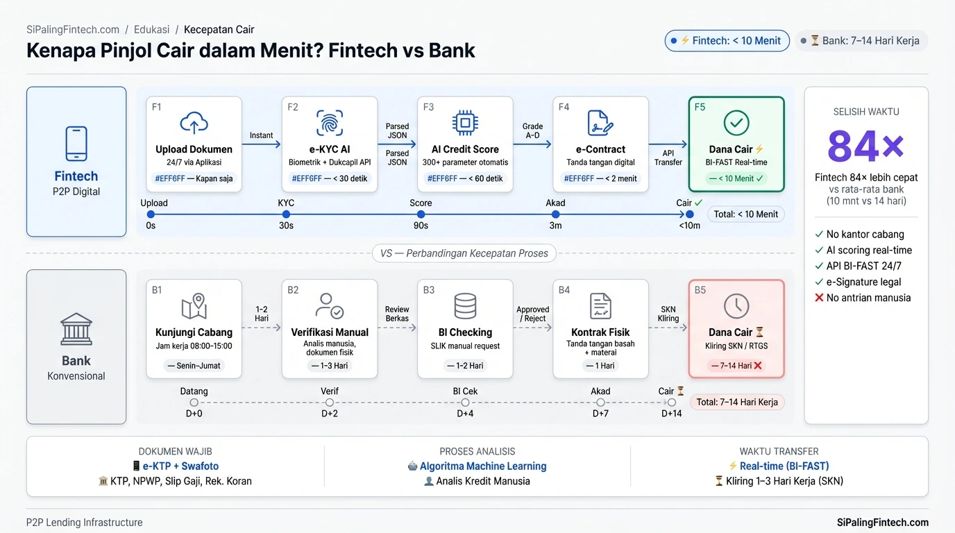 Diagram alasan pinjaman online bisa cepat cair melalui otomatisasi skor kredit dan infrastruktur digital.