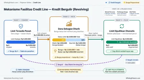 Diagram mekanisme fasilitas saldo credit line pinjaman online revolving credit.