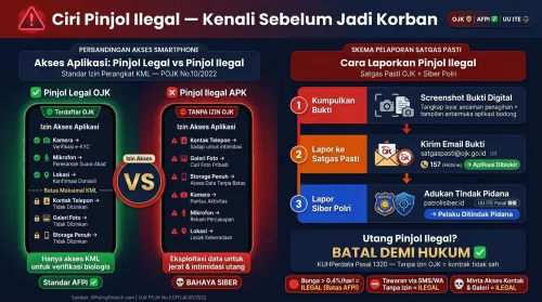 Infografik cara melaporkan ciri pinjaman online ilegal ke Satgas Pasti OJK.