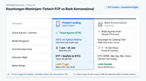 Tabel komparasi keuntungan meminjam uang di aplikasi fintech lending dan bank konvensional.