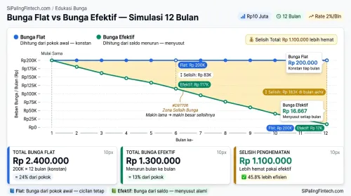 Grafik perbandingan simulasi cara hitung bunga flat dan bunga efektif pada pinjaman online.